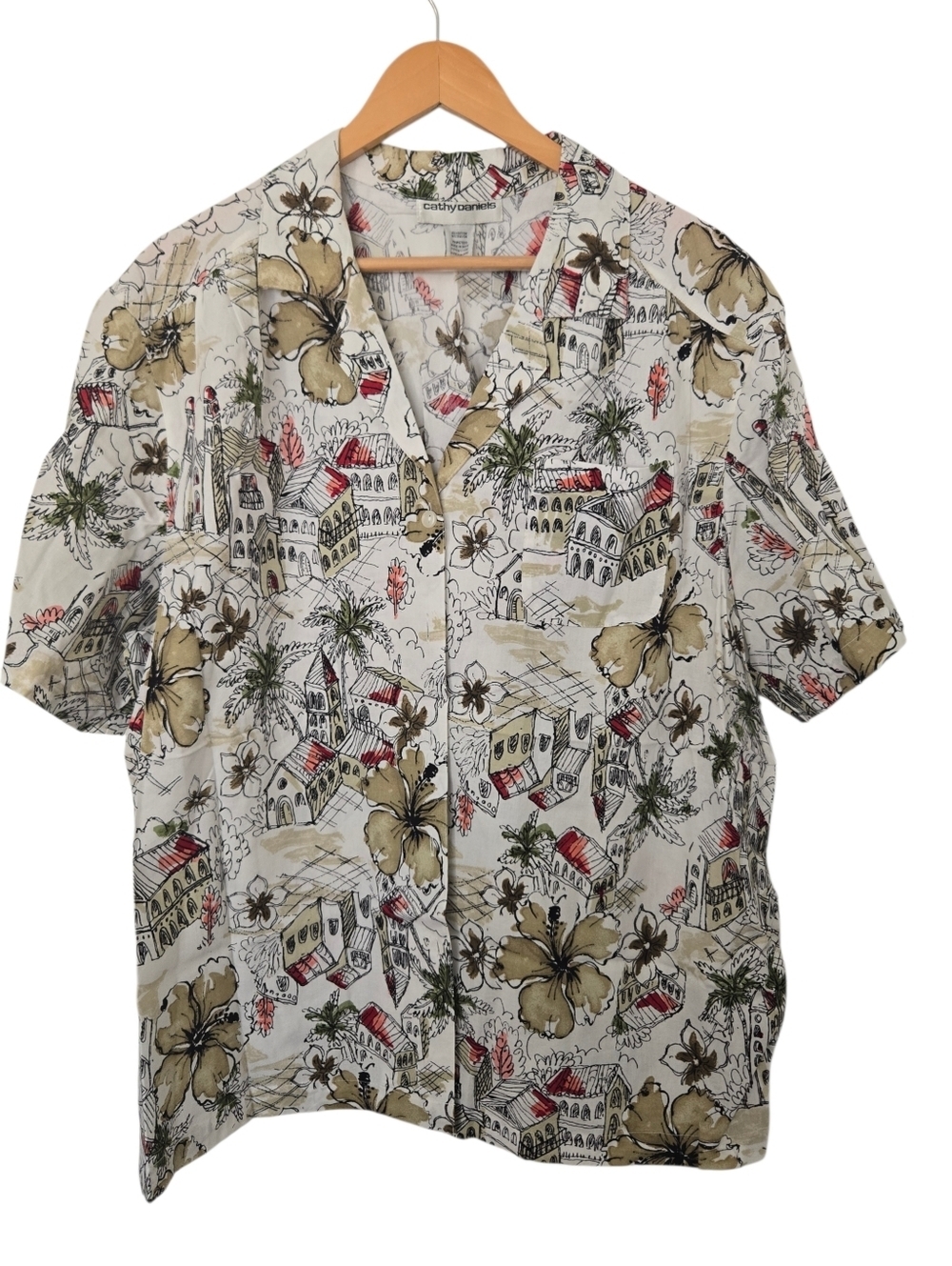 Unique Scenic Print Blouse Tropical Village Floral Button Up Top 1X